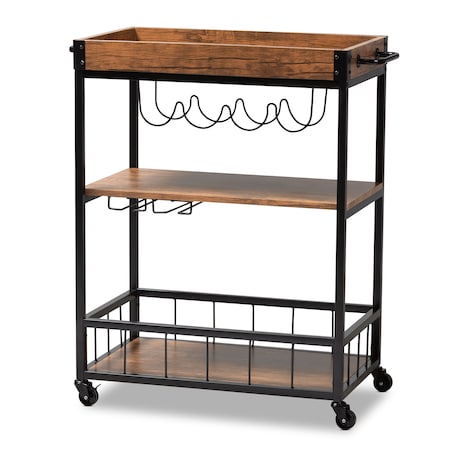 Baxton Studio Cerne Oak and Black Mobile Metal Bar Cart with Wine Bottle Rack 153-9039